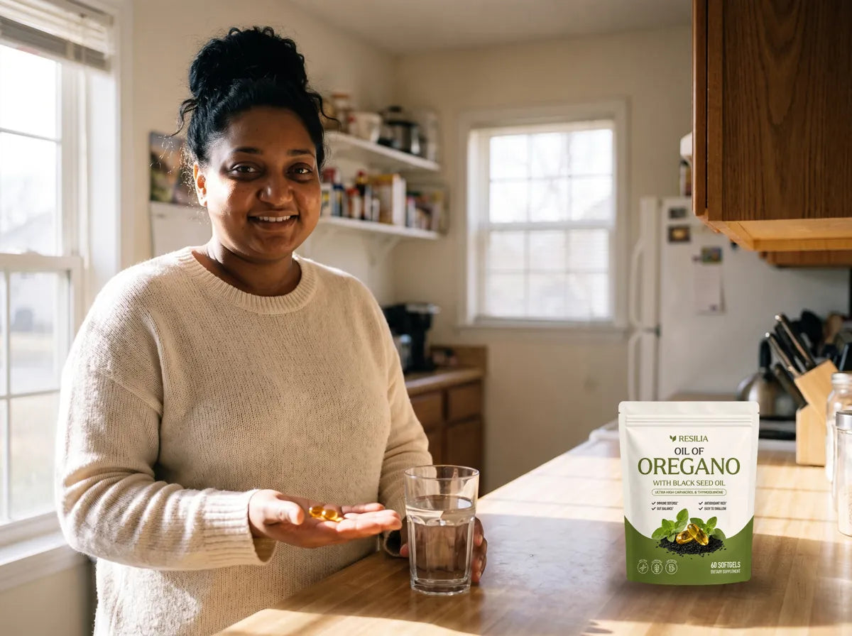 Renee holding two softgels in her kitchen