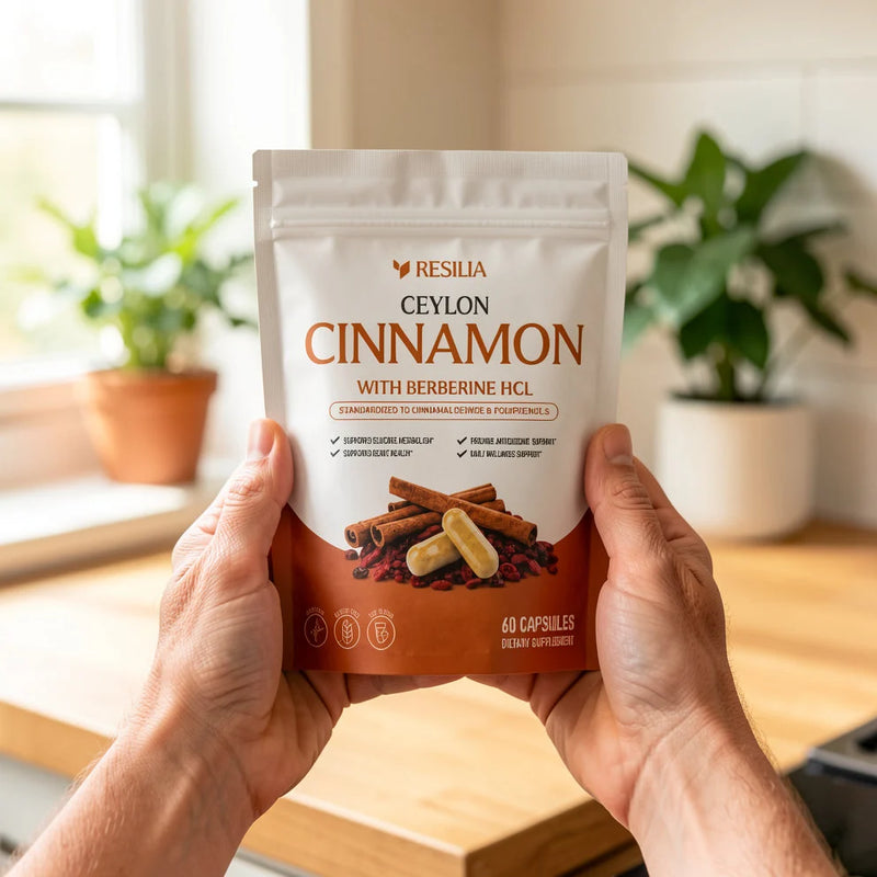 Holding the Resilia Ceylon Cinnamon pouch in a kitchen