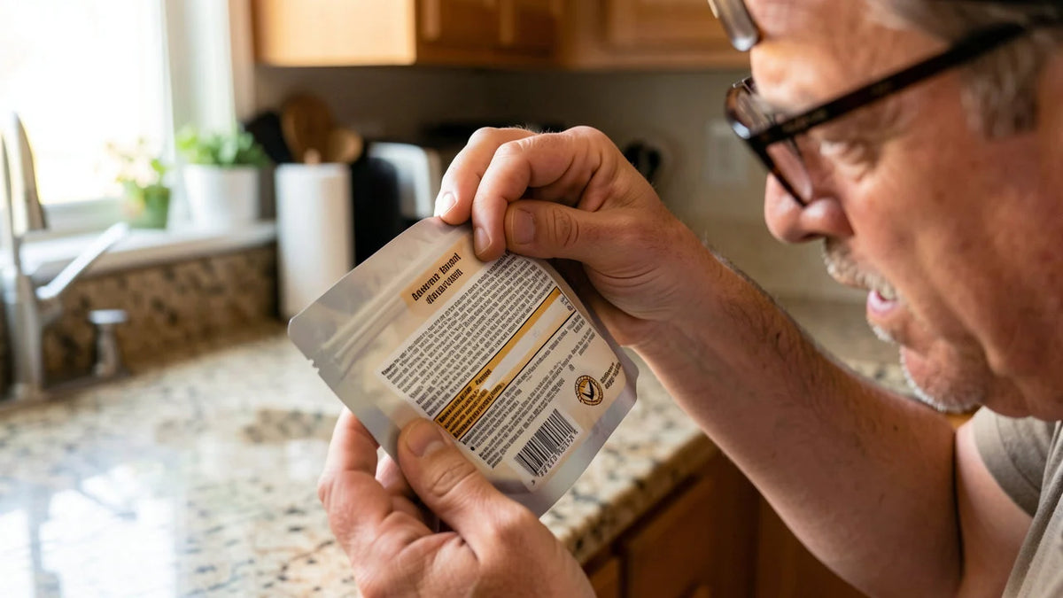 Turning a supplement bag over to read the back panel