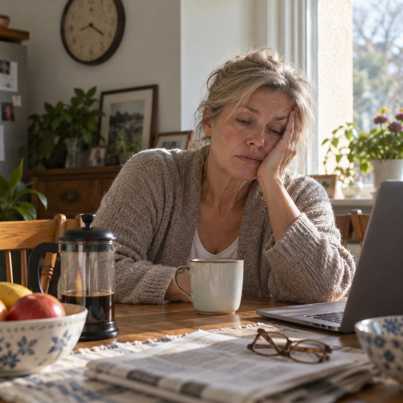 Tired woman at breakfast table after a broken night's sleep