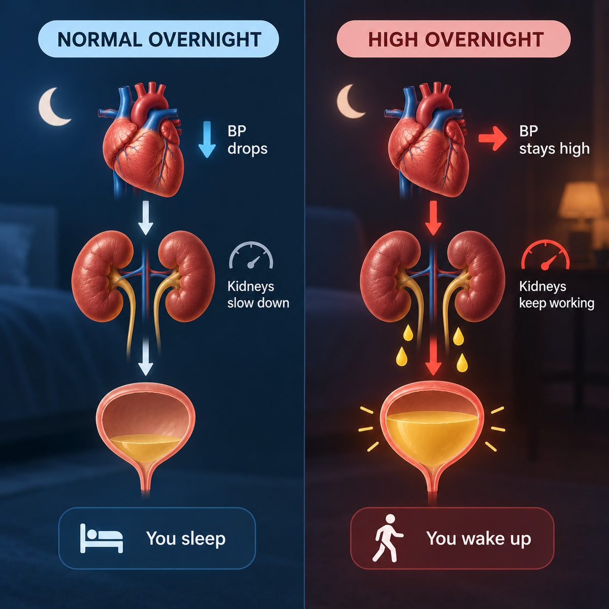 Heart, kidney and bladder overnight fluid processing chain