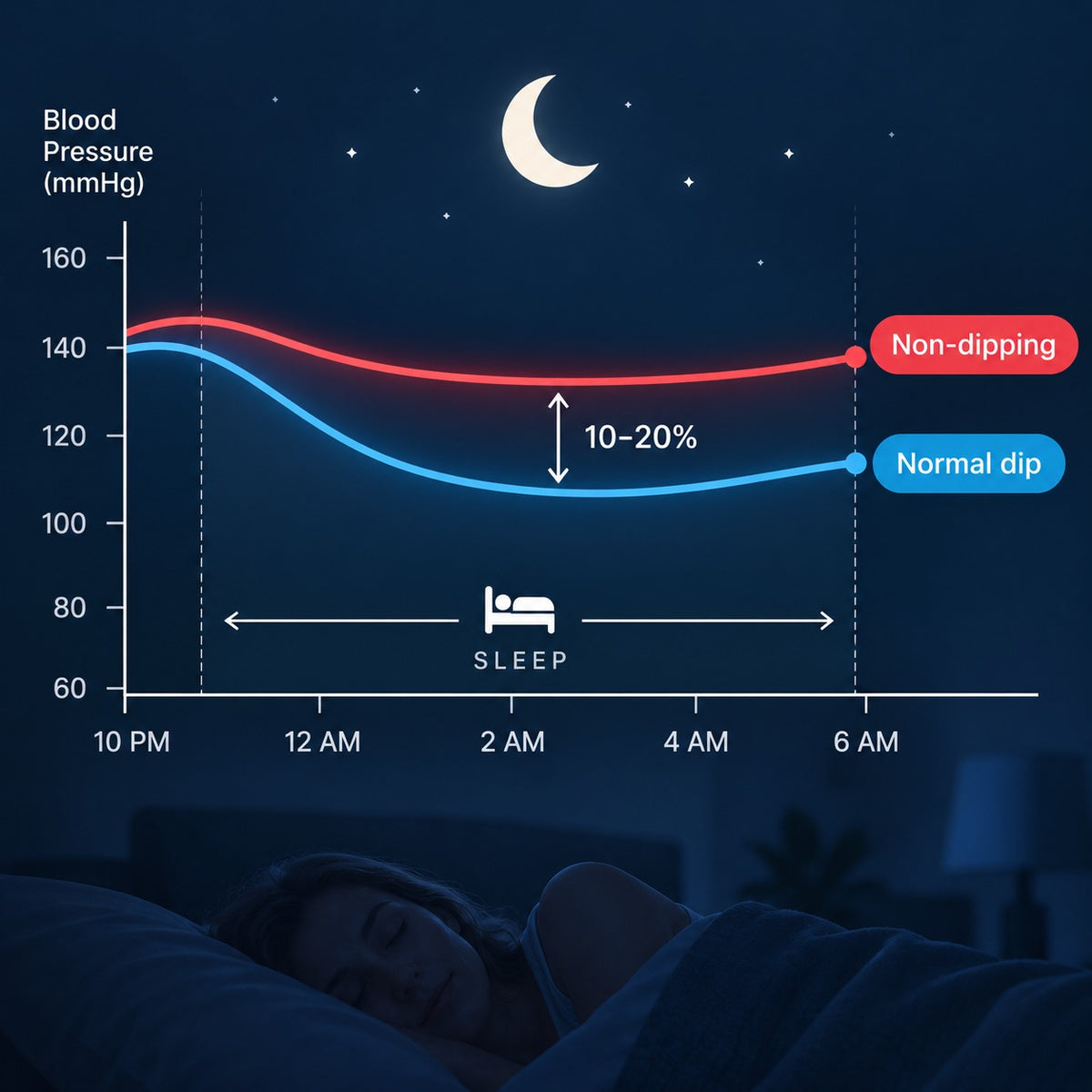 Normal nighttime blood pressure dip vs non-dipping pattern