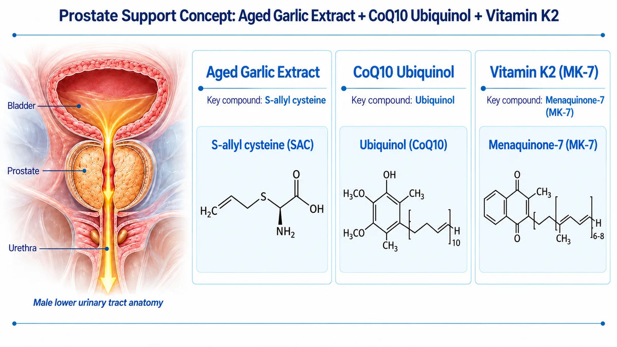 Prostate Support Concept: Aged Garlic Extract, CoQ10 Ubiquinol and Vitamin K2